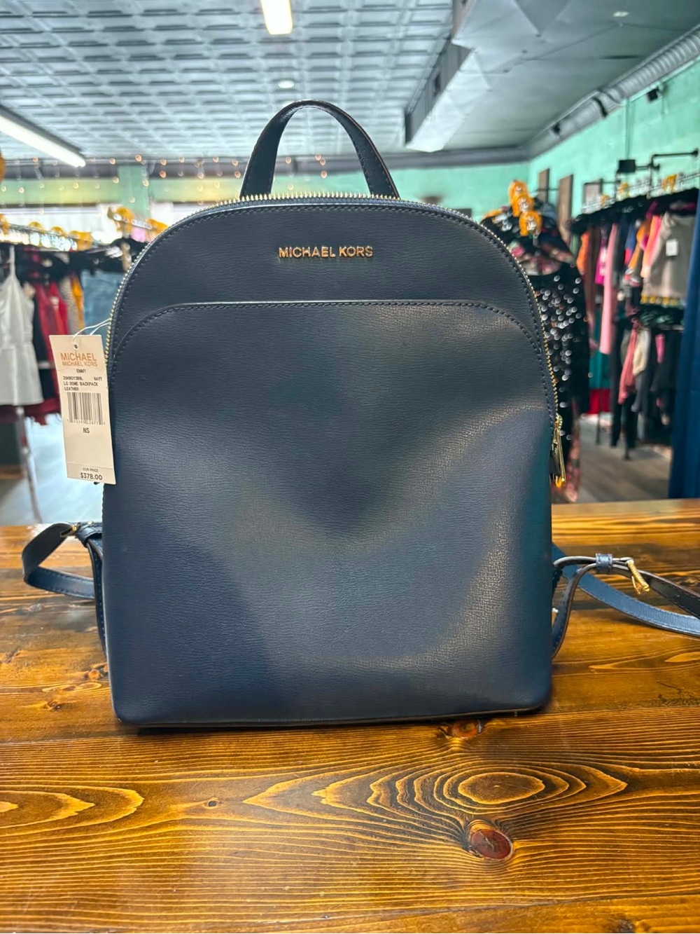 Michael Kors Navy Blue Leather Backpack with Gold Logo
